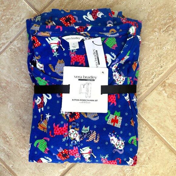 VERA BRADLEY CATNIP CHRISTMAS HENLEY PAJAMAS:NWT EXTRA LARGE - Picture 1 of 8